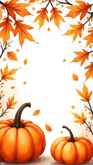 Autumn Season Pumpkins and Falling Leaves Watercolor Design Frame