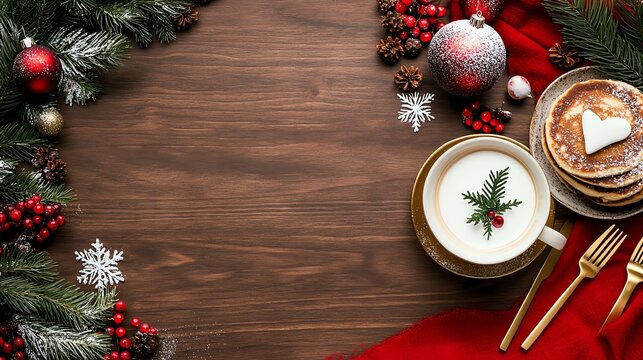 holiday decorations santa christmas A festive holiday table setting featuring a cozy cup of coffee, treats, and decorative elements perfect for Christmas celebrations.