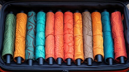 Naklejka premium Brightly colored foldable umbrellas stored neatly inside a travel organizer