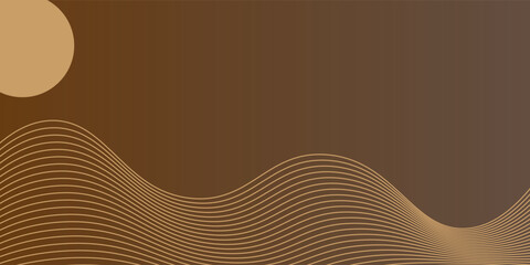 Vector abstract art landscape mountain with birds and sunrise sunset by golden line art texture isolated on dark grey black background. Minimal luxury style for wallpaper, wall art decoration.
