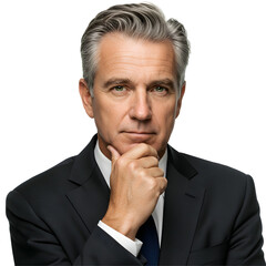 Pensive experienced businessman with hand on chin looking seriously ahead