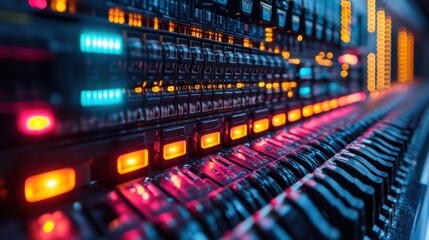 Illuminated Server Rack Data Center Technology Close Up View of Network Hardware with Glowing Lights
