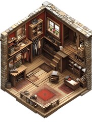 Isometric view of a cozy wooden two story room interior