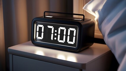 A black digital alarm clock is placed on the bedside table.