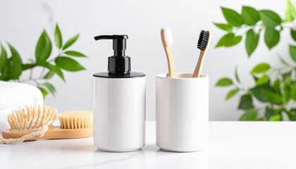 White Soap Dispenser And Toothbrushes On Marble Countertop With Plants