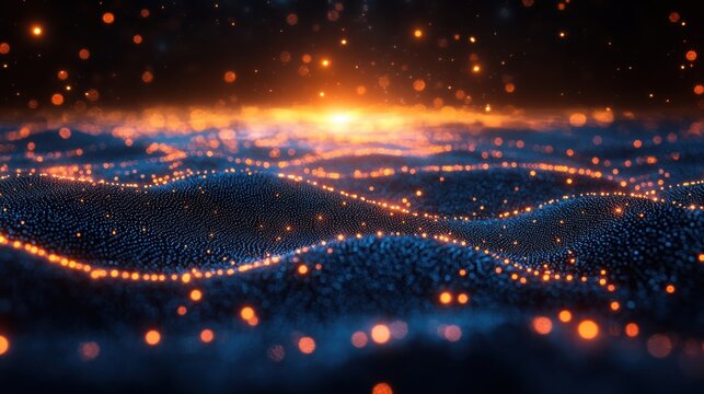 Abstract Dark Blue and Orange Particle Wave Background Digital Art Futuristic Technology Glowing