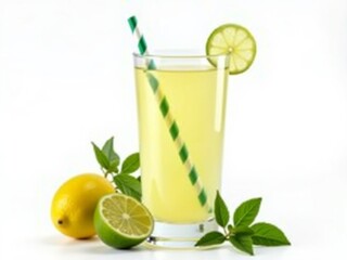 A glass of fresh lemonade in a tall clear glass with a green and white striped straw, surrounded by lime slices, lemon halves, and green leaves. White background, realistic photographic style, high re