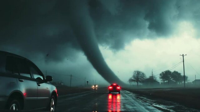 scarry nature calamity scene, view from car on the road with a colossus tornado at in front of them