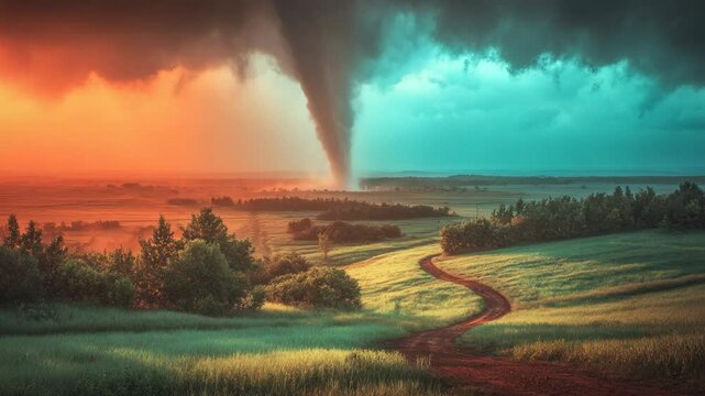 vibrant colorful sky , tornado on grass field 