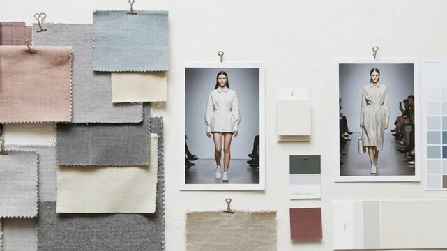 Fashion design mood board with fabric swatches and runway photographs