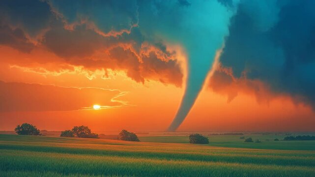 vibrant colorful sky , tornado on grass field 