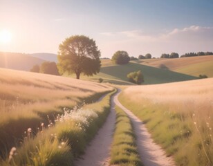 Obraz premium Rural landscape in late summer. Rural landscape with a path, trees and meadows on hills