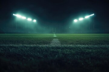 Illuminated football field at night