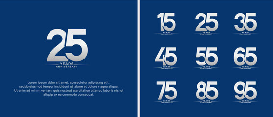 set of anniversary logo flat silver color on blue background for celebration moment