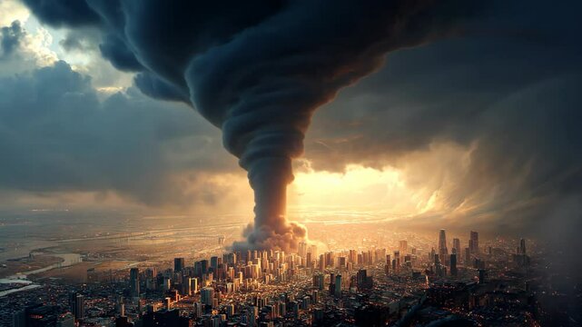 calamity end time, big tornado strike on urban city make severe damage over town 