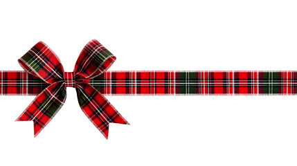 Red, green and white plaid Christmas gift bow and ribbon. Long border isolated on a white background. Ai Generated Images