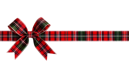 Red, green and white plaid Christmas gift bow and ribbon. Long border isolated on a white background. Ai Generated Images