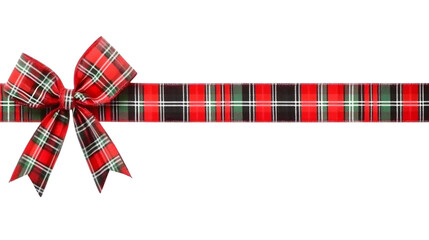 Red, green and white plaid Christmas gift bow and ribbon. Long border isolated on a white background. Ai Generated Images