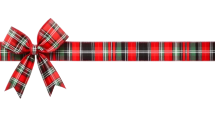 Red, green and white plaid Christmas gift bow and ribbon. Long border isolated on a white background. Ai Generated Images