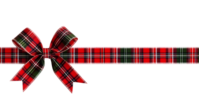 Red, green and white plaid Christmas gift bow and ribbon. Long border isolated on a white background. Ai Generated Images