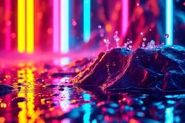 Neon lights reflecting on water droplets