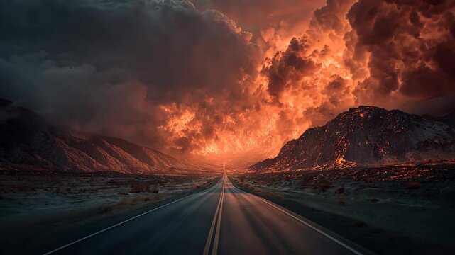 endless asphalt road lead to the black lightning spark stormy sky