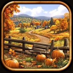 Autumnal rural landscape with a winding road, wooden fence, and pumpkins.  A picturesque scene of fall foliage, hills, and small homes