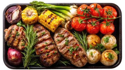 Top view of grilled meat and vegetables garnished with fresh herbs, perfect for barbecue feast visuals, outdoor cooking content, and food photography