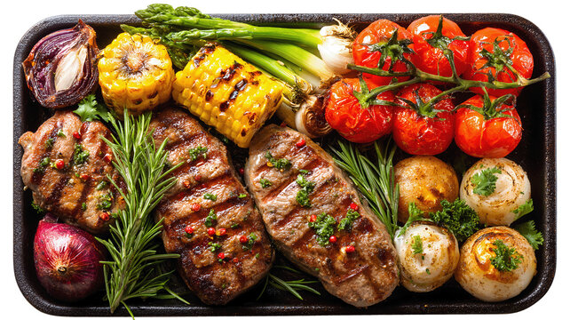 Top view of grilled meat and vegetables garnished with fresh herbs, perfect for barbecue feast visuals, outdoor cooking content, and food photography - Powered by Adobe
