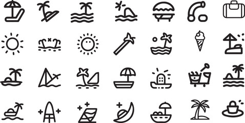 Summer beach vacation icon set representing tropical holidays and leisure activities