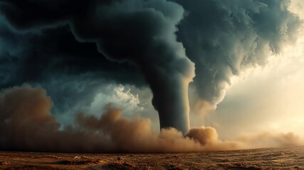 A massive tornado touches down in the barren wasteland, rapidly intensifying into a powerful vortex of destruction. It sweeps up dirt and debris as it tears across the landscape - Powered by Adobe
