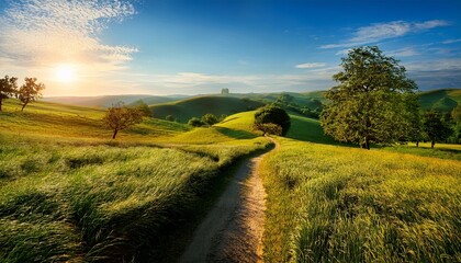 Obraz premium Rural landscape in late summer. Rural landscape with a path, trees and meadows on hills