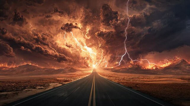 endless asphalt road lead to the black lightning spark stormy sky 