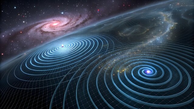Artistic representation of gravitational waves propagating through space-time, illustrating concepts in astrophysics.