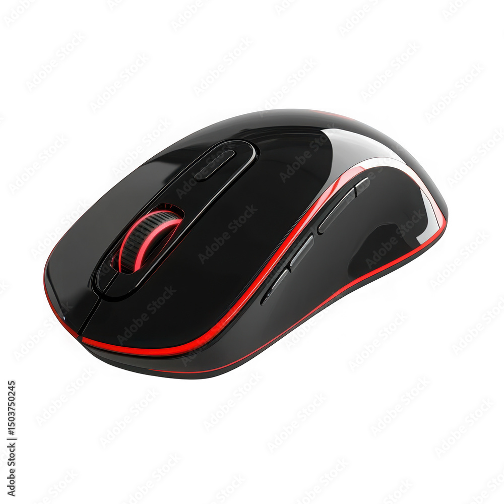 Poster black wireless computer mouse with red accents isolated on transparent background