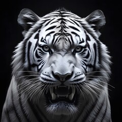 Fototapeta premium Black and white photograph of a majestic white tiger roaring in extreme close up, with a dark velvety black background isolating the subject,