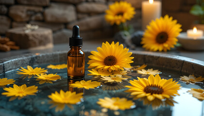 Therapeutic essential oil and flowers in water, spa setting