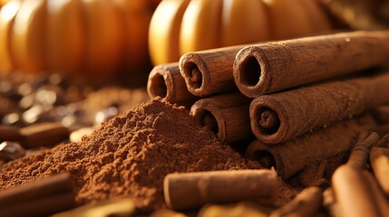 Cinnamon sticks and powder.  Autumnal spice blend