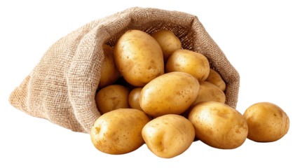 Close-up of freshly harvested potatoes spilling from a burlap sack, showcasing rustic charm, farm freshness, and culinary abundance on a natural background