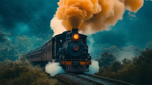 Vintage steam locomotive chugging through a misty forest landscape, with vibrant smoke billowing