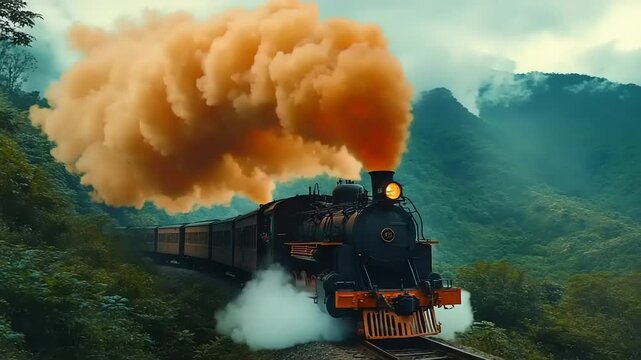 Vintage steam locomotive chugging through lush mountains, releasing vibrant orange smoke into the air