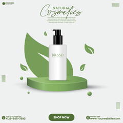 Natural beauty product sale social media post design vector with leaves and green color. Eco minimalistic podium background design template. 3D rendered studio podium vector template. 