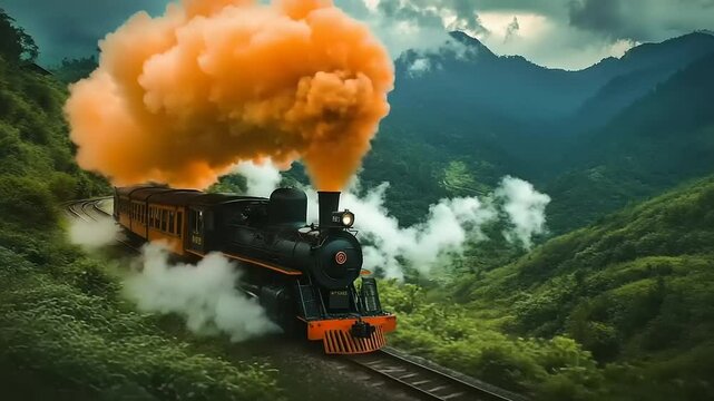 Vintage steam train chugging through lush green mountains, releasing vibrant orange smoke against a cloudy sky