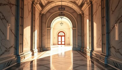 Fototapeta premium Grand marble hallway, sunlight streaming through arched doorway, architecture, vintage