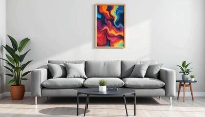 Grey sofa, green plants, minimalist living room, poster above cupboard,  calm,   stylish