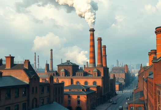 Grimy brick factories, billowing smoke, looming smokestacks, cobblestone streets, industrial revolution era cityscape,  bustling,  economics