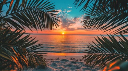Tropical Sunset Beach Framed by Palm Leaves