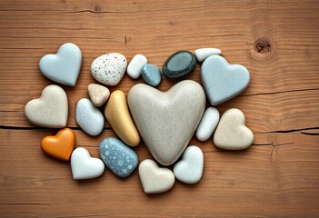 Obraz premium Heart-shaped stones arranged on rustic wood, ample copy space, blank, organic