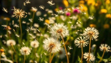 Obraz premium Hundreds of dandelion seeds drift on breeze, sunny garden background, environment, bright