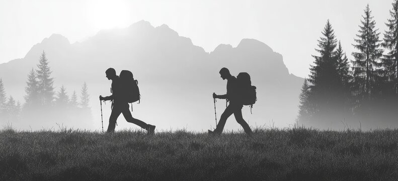 Hikers traverse a misty mountain landscape - Powered by Adobe